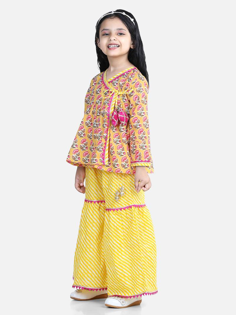 BownBee Block Print Cotton Angrakha with Sharara- Yellow