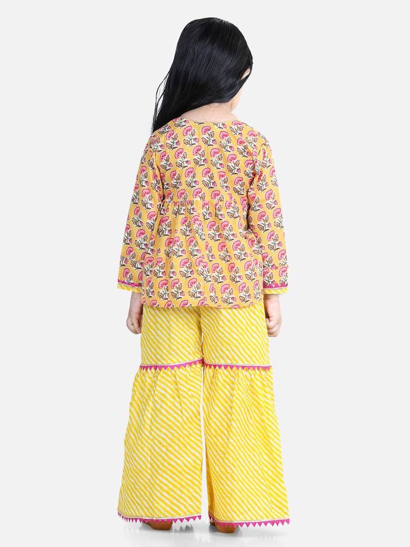 BownBee Block Print Cotton Angrakha with Sharara- Yellow