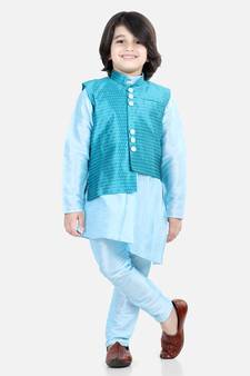 BownBee BownBee Boys Assymetric Kurta Pajama with Jacquard Jacket- Blue