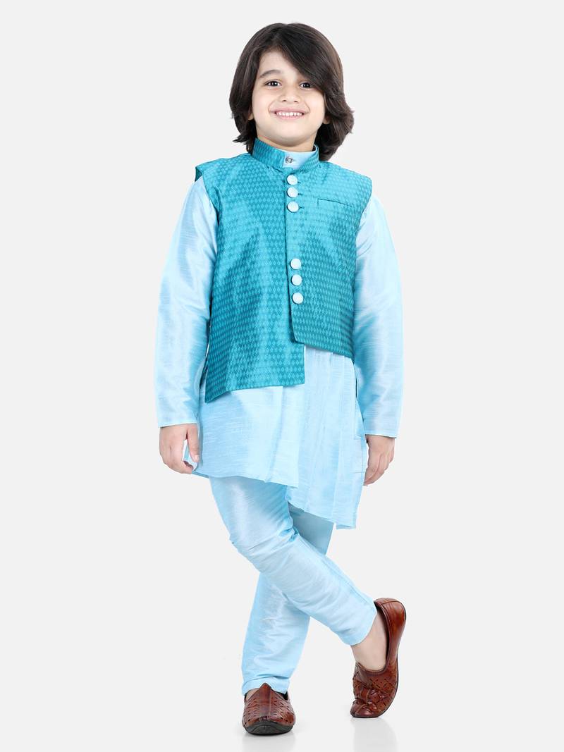 BownBee BownBee Boys Assymetric Kurta Pajama with Jacquard Jacket- Blue