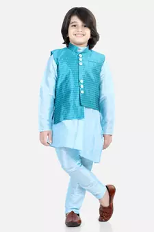 BownBee BownBee Boys Assymetric Kurta Pajama with Jacquard Jacket- Blue