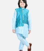 BownBee BownBee Boys Assymetric Kurta Pajama with Jacquard Jacket- Blue