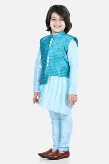 BownBee BownBee Boys Assymetric Kurta Pajama with Jacquard Jacket- Blue