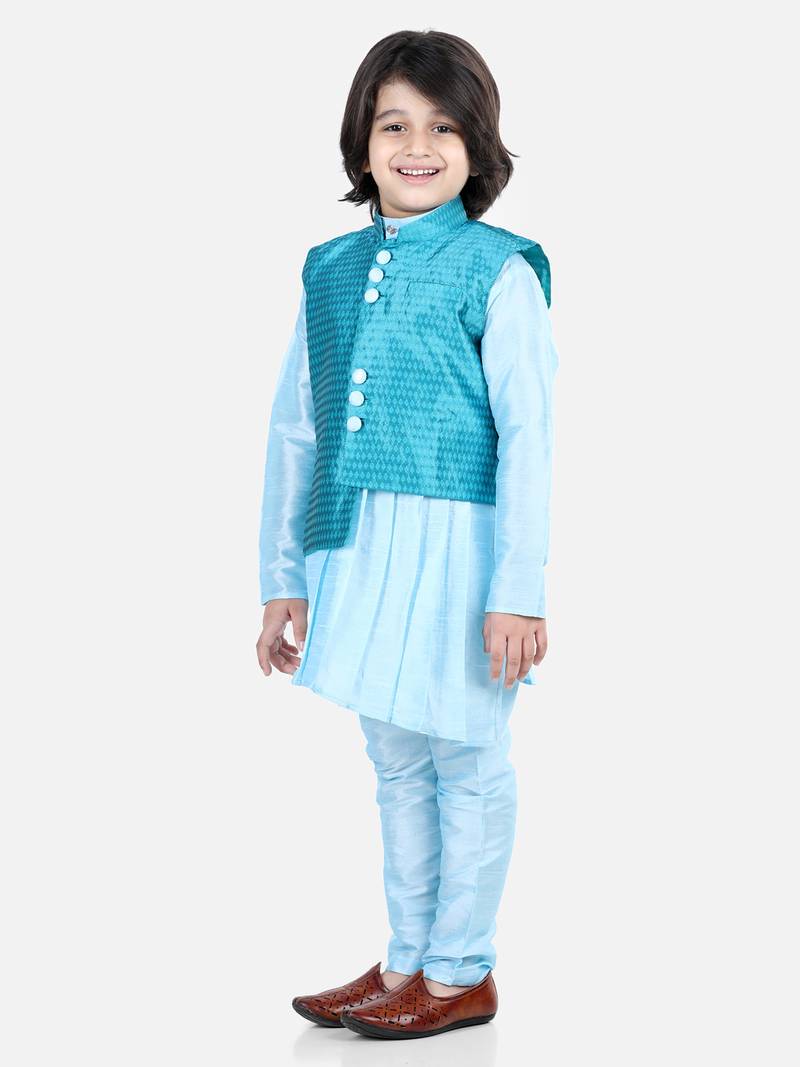 BownBee BownBee Boys Assymetric Kurta Pajama with Jacquard Jacket- Blue