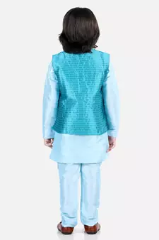 BownBee BownBee Boys Assymetric Kurta Pajama with Jacquard Jacket- Blue