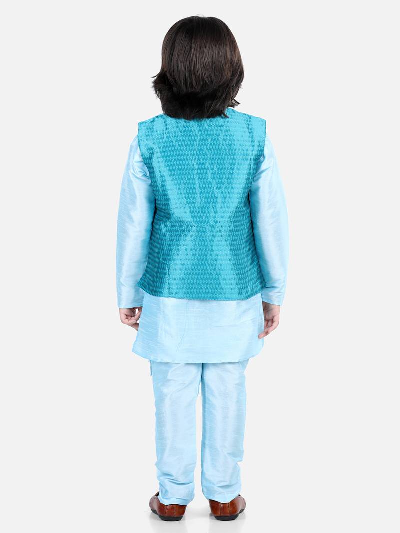 BownBee BownBee Boys Assymetric Kurta Pajama with Jacquard Jacket- Blue