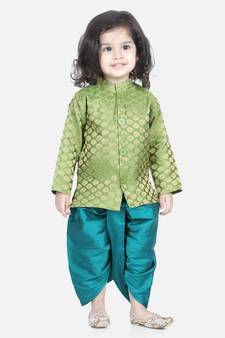 BownBee Jacquard Full Sleeve Sherwani Dhoti for Boys-Green