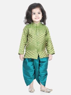 BownBee Jacquard Full Sleeve Sherwani Dhoti for Boys-Green 1