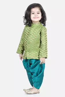BownBee Jacquard Full Sleeve Sherwani Dhoti for Boys-Green