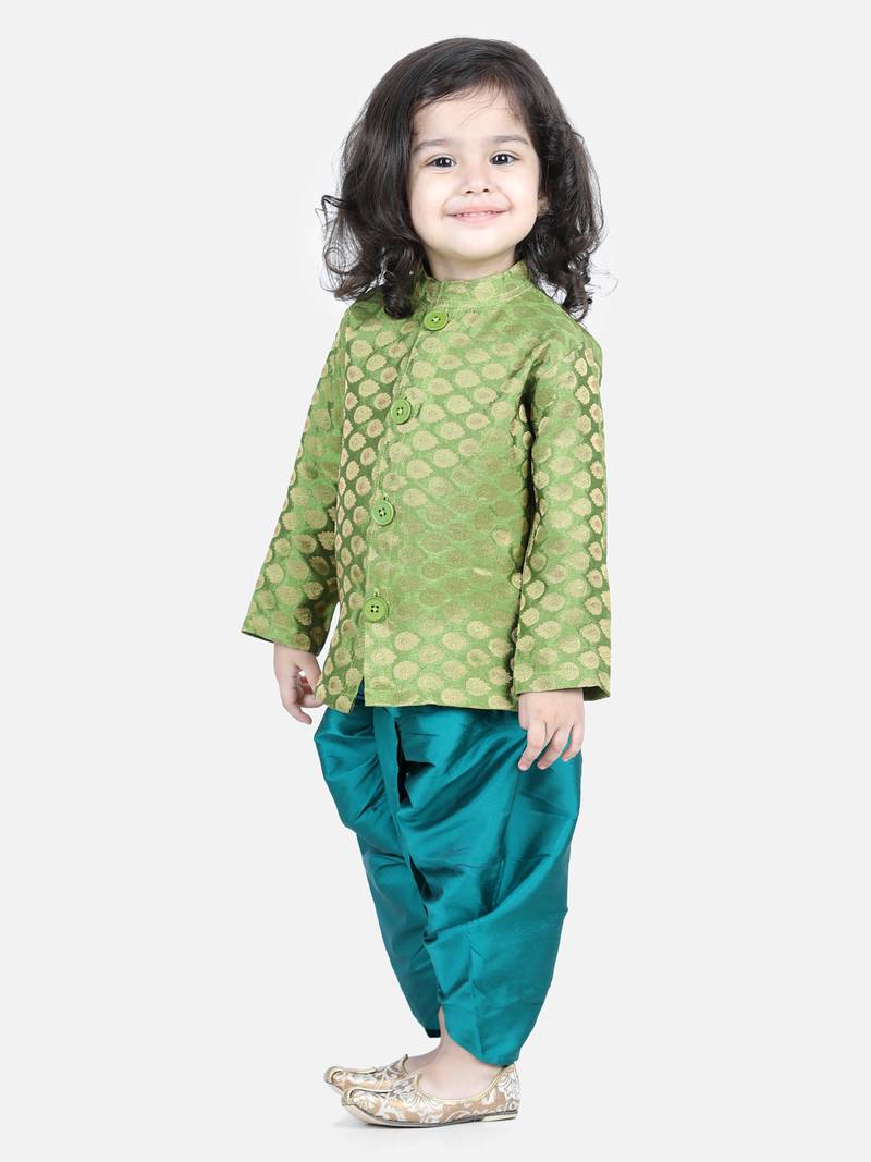 BownBee Jacquard Full Sleeve Sherwani Dhoti for Boys-Green