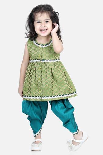 BownBee Jacquard Top with Dhoti for Girls- Green
