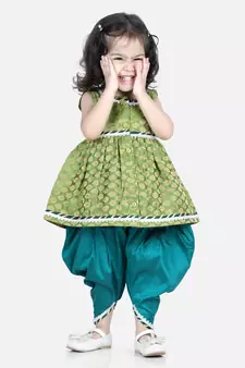 BownBee Jacquard Top with Dhoti for Girls- Green