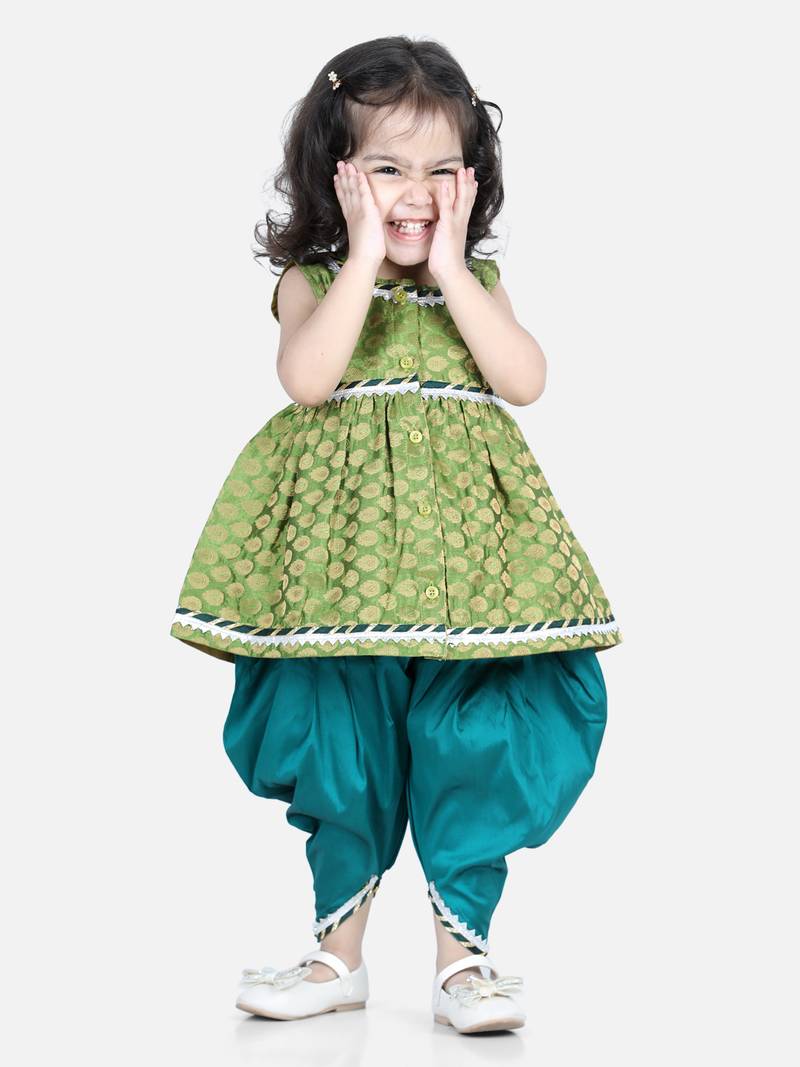 BownBee Jacquard Top with Dhoti for Girls- Green