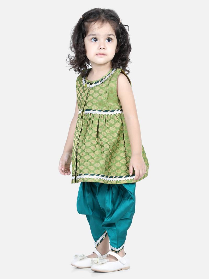 BownBee Jacquard Top with Dhoti for Girls- Green