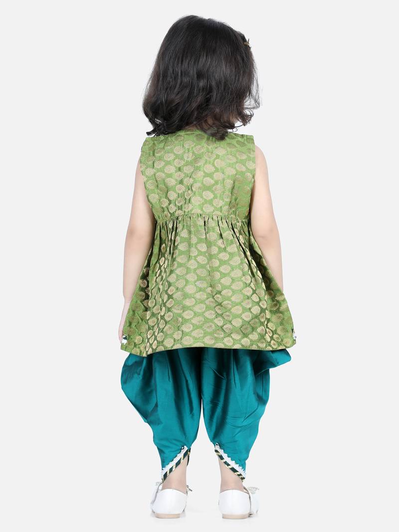 BownBee Jacquard Top with Dhoti for Girls- Green