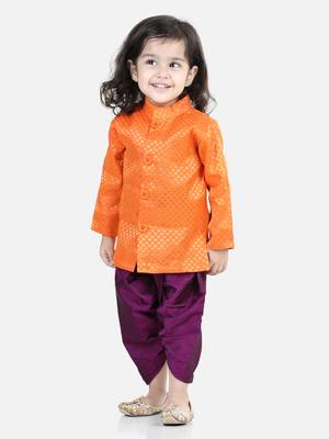 BownBee Jacquard Full Sleeve Sherwani Dhoti for Boys-Orange 3