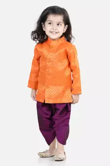 BownBee Jacquard Full Sleeve Sherwani Dhoti for Boys-Orange