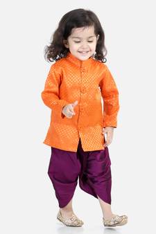BownBee Jacquard Full Sleeve Sherwani Dhoti for Boys-Orange