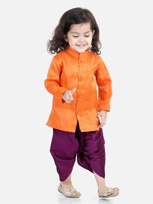 BownBee Jacquard Full Sleeve Sherwani Dhoti for Boys-Orange 1