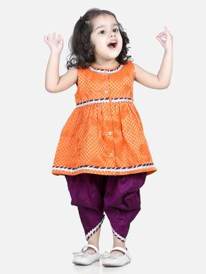BownBee Jacquard Top with Dhoti for Girls- Orange 1