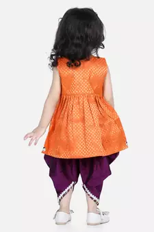 BownBee Jacquard Top with Dhoti for Girls- Orange
