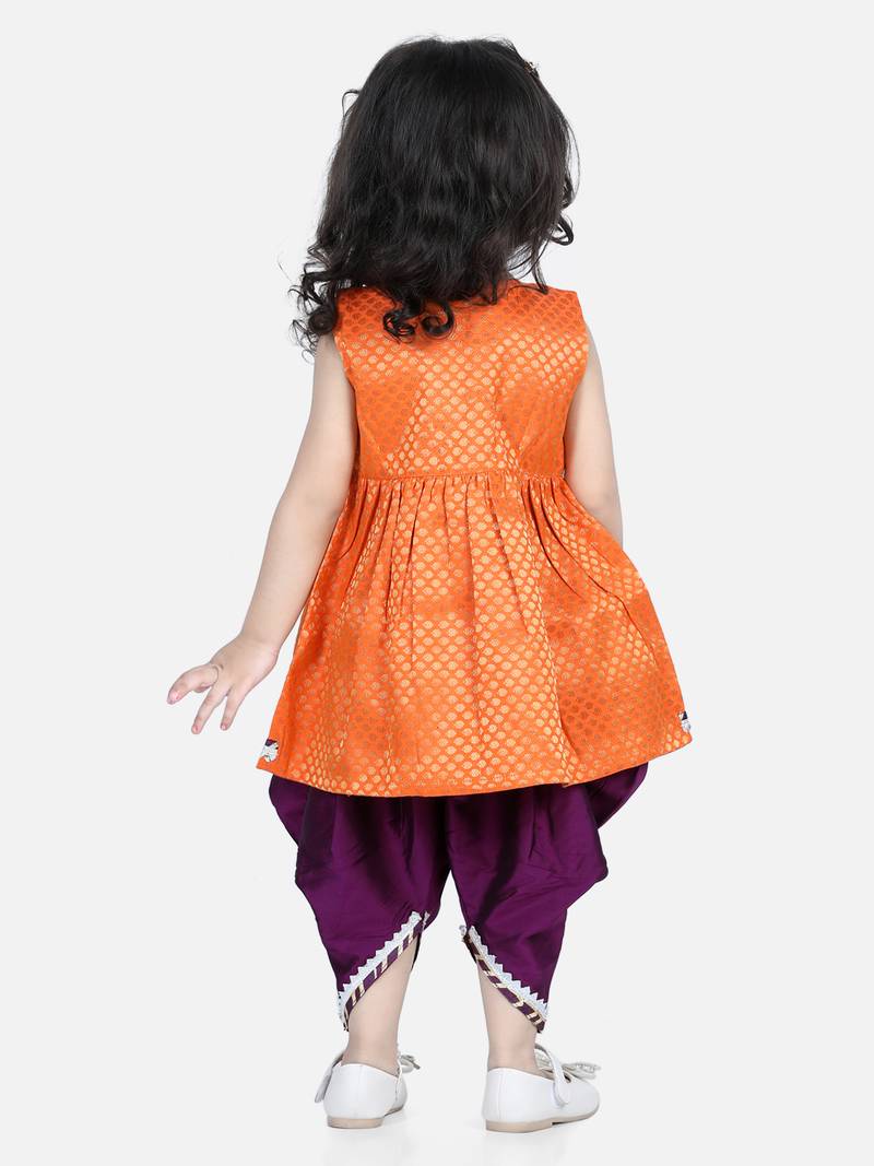 BownBee Jacquard Top with Dhoti for Girls- Orange
