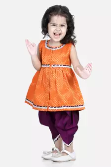 BownBee Jacquard Top with Dhoti for Girls- Orange