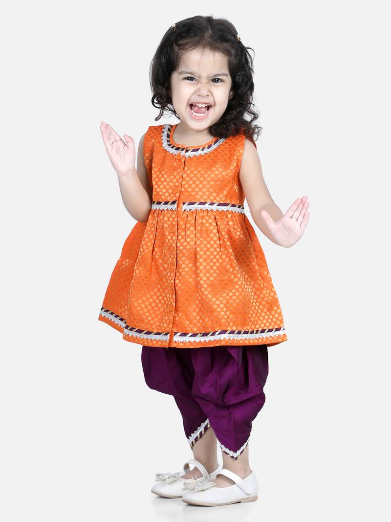 BownBee Jacquard Top with Dhoti for Girls- Orange