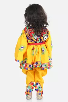 BownBee Embroidered Dhoti Top Radha Dress for Girls-Yellow