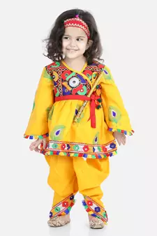 BownBee Embroidered Dhoti Top Radha Dress for Girls-Yellow