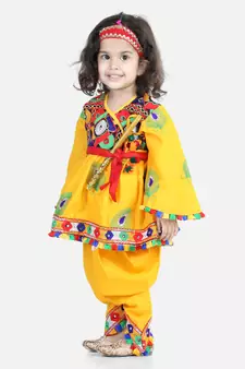 BownBee Embroidered Dhoti Top Radha Dress for Girls-Yellow