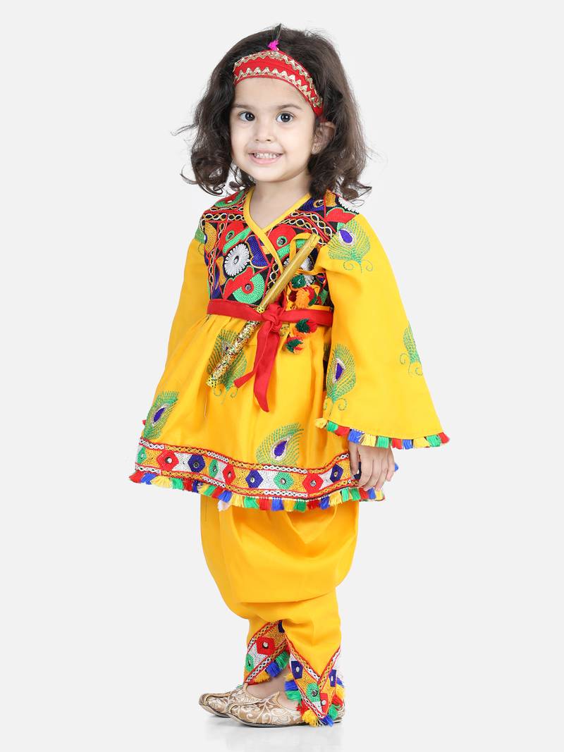 BownBee Embroidered Dhoti Top Radha Dress for Girls-Yellow