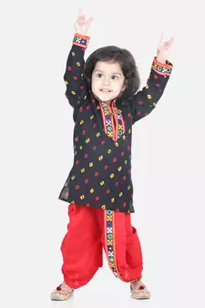 BownBee Bandhani Print Cotton Full Sleeve Dhoti Kurta- Black