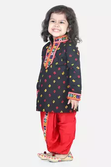 BownBee Bandhani Print Cotton Full Sleeve Dhoti Kurta- Black