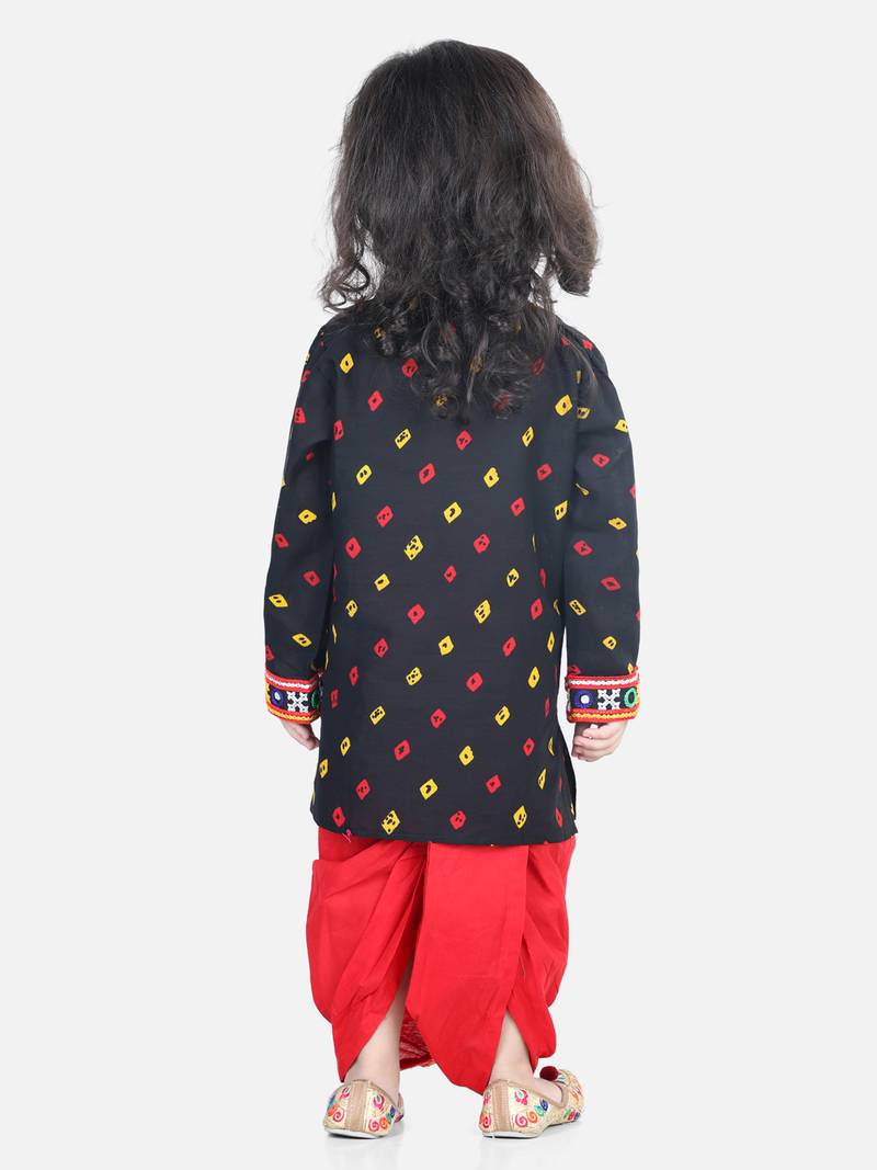 BownBee Bandhani Print Cotton Full Sleeve Dhoti Kurta- Black