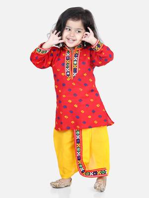 BownBee Bandhani Print Cotton Full Sleeve Dhoti Kurta- Red 1