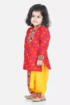 BownBee Bandhani Print Cotton Full Sleeve Dhoti Kurta- Red