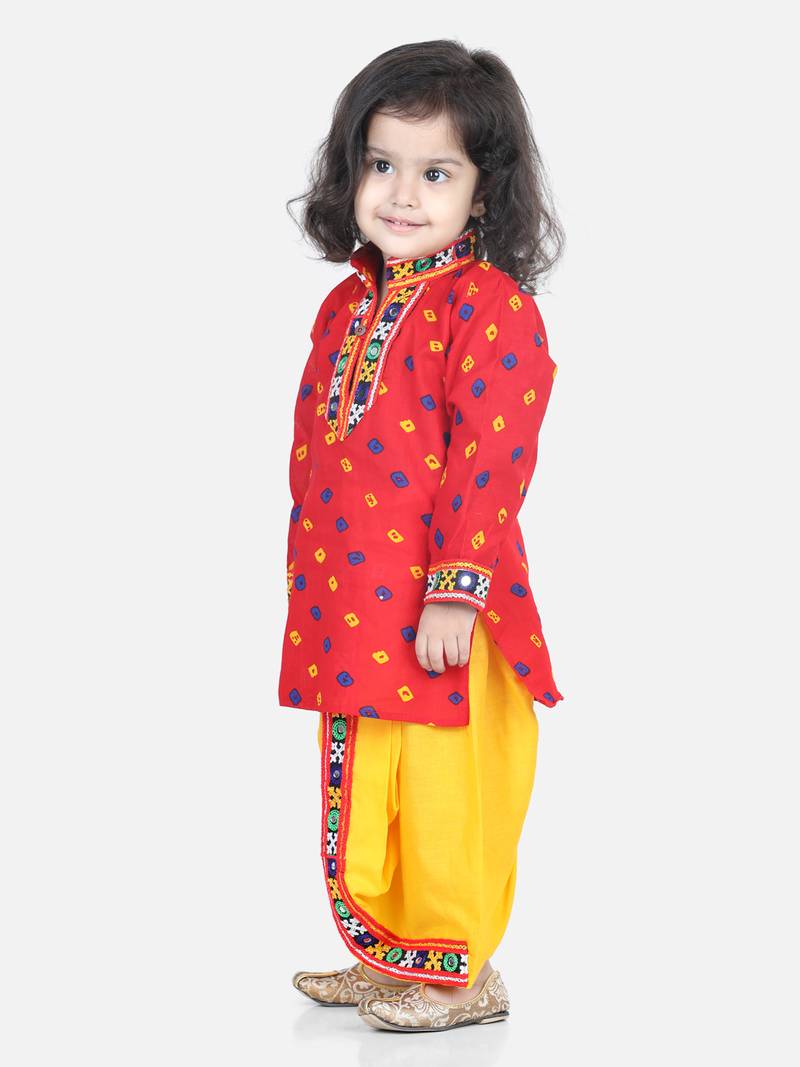 BownBee Bandhani Print Cotton Full Sleeve Dhoti Kurta- Red