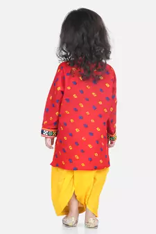 BownBee Bandhani Print Cotton Full Sleeve Dhoti Kurta- Red
