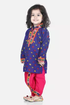 BownBee Bandhani Print Cotton Full Sleeve Dhoti Kurta- Blue