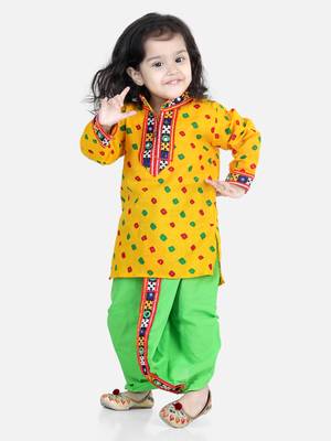 BownBee Bandhani Print Cotton Full Sleeve Dhoti Kurta- Yellow 1