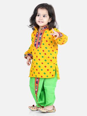 BownBee Bandhani Print Cotton Full Sleeve Dhoti Kurta- Yellow 3