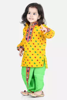 BownBee Bandhani Print Cotton Full Sleeve Dhoti Kurta- Yellow