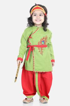 BownBee Cotton Embroidery Kanhaiya Dhoti Kurta  with Mukut Setsfor Boys-Green