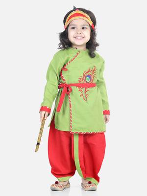 BownBee Cotton Embroidery Kanhaiya Dhoti Kurta  with Mukut Setsfor Boys-Green 1