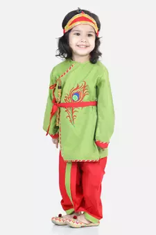 BownBee Cotton Embroidery Kanhaiya Dhoti Kurta  with Mukut Setsfor Boys-Green