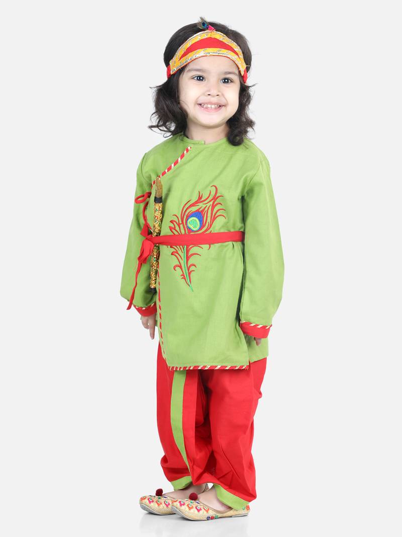 BownBee Cotton Embroidery Kanhaiya Dhoti Kurta  with Mukut Setsfor Boys-Green