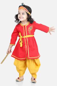 BownBee Cotton Embroidery Radha Top Dhoti with Mukut Sets for Girls-Red