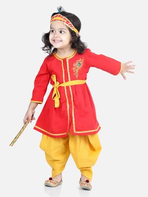 BownBee Cotton Embroidery Radha Top Dhoti with Mukut Sets for Girls-Red 1