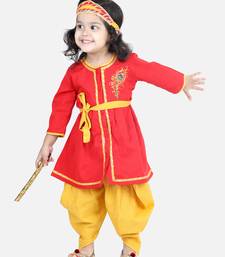 BownBee Cotton Embroidery Radha Top Dhoti with Mukut Sets for Girls-Red
